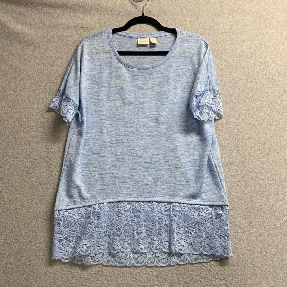 Chicos short sleeve top round neck lace detail womens size 1 / medium light blue